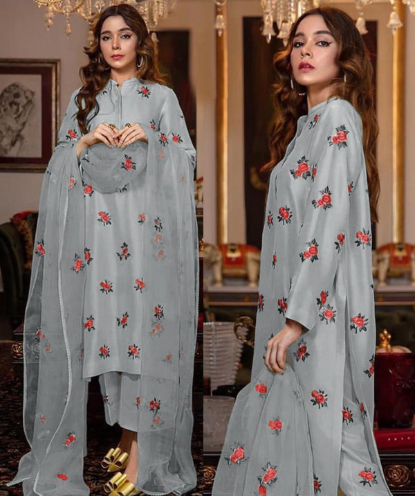 Grey Embroidered Shamoz Silk 3-Piece Women Suit