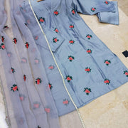Grey Embroidered Shamoz Silk 3Pcs Women Suit