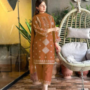 Brown Embroidered 3Pc Suit with Sequins & Duppatta