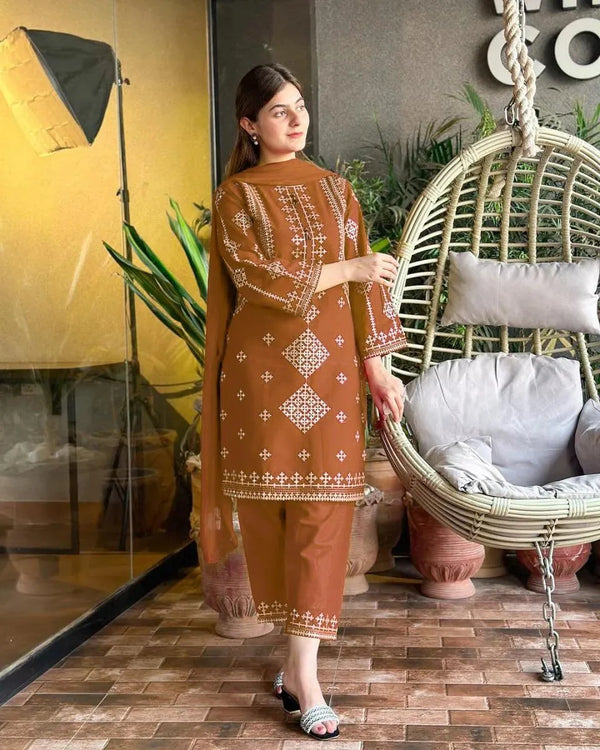 Brown Embroidered 3Pc Suit with Sequins & Duppatta