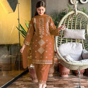 Brown Embroidered 3Pc Suit with Sequins & Duppatta