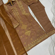 Brown Embroidered 3Pc Suit with Sequins & Duppatta