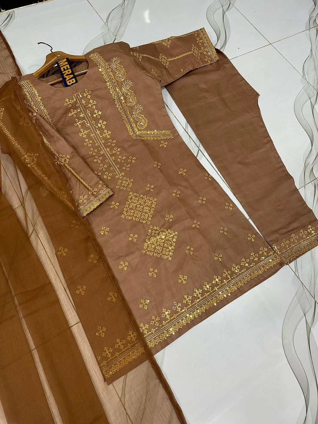 Brown Embroidered 3Pc Suit with Sequins & Duppatta