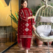 Maroon Sequin Embroidered 3-Piece Suit for Women