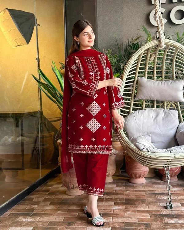 Maroon Sequin Embroidered 3-Piece Suit for Women