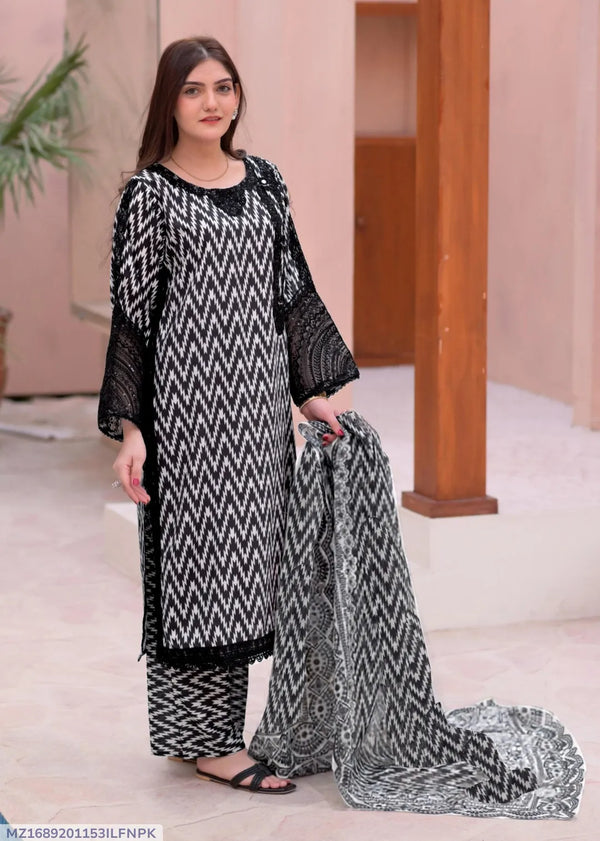 3-Piece Women's Stitched Dobby Lawn Printed Suit