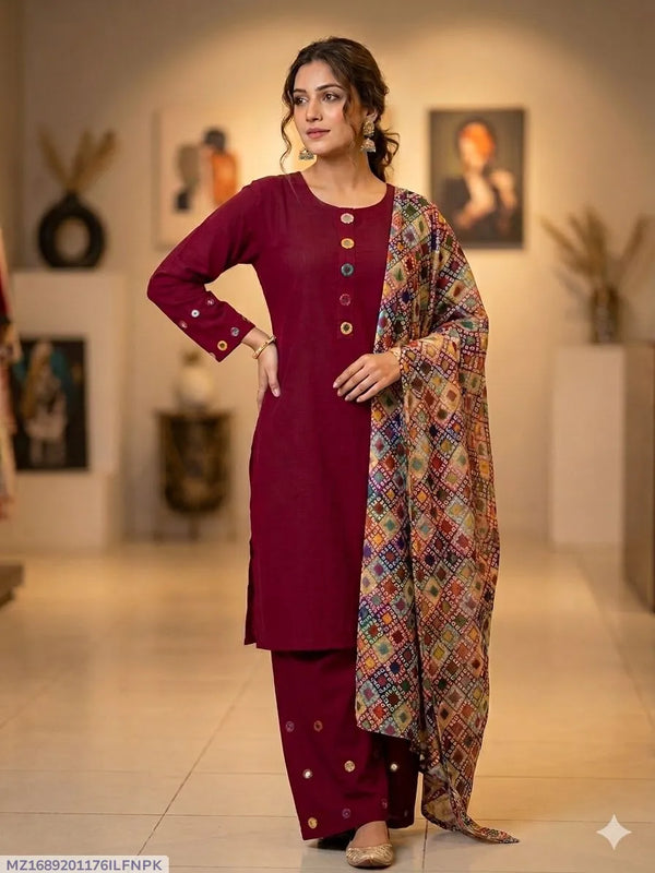 3-Piece Women's Stitched Dobby Lawn Sheesha Work Suit