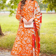 Orange Printed 3-Piece Lawn Suit for Eid Party Wear