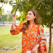 Orange Printed 3-Piece Lawn Suit for Eid Party Wear