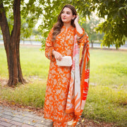 Orange Printed 3-Piece Lawn Suit for Eid Party Wear