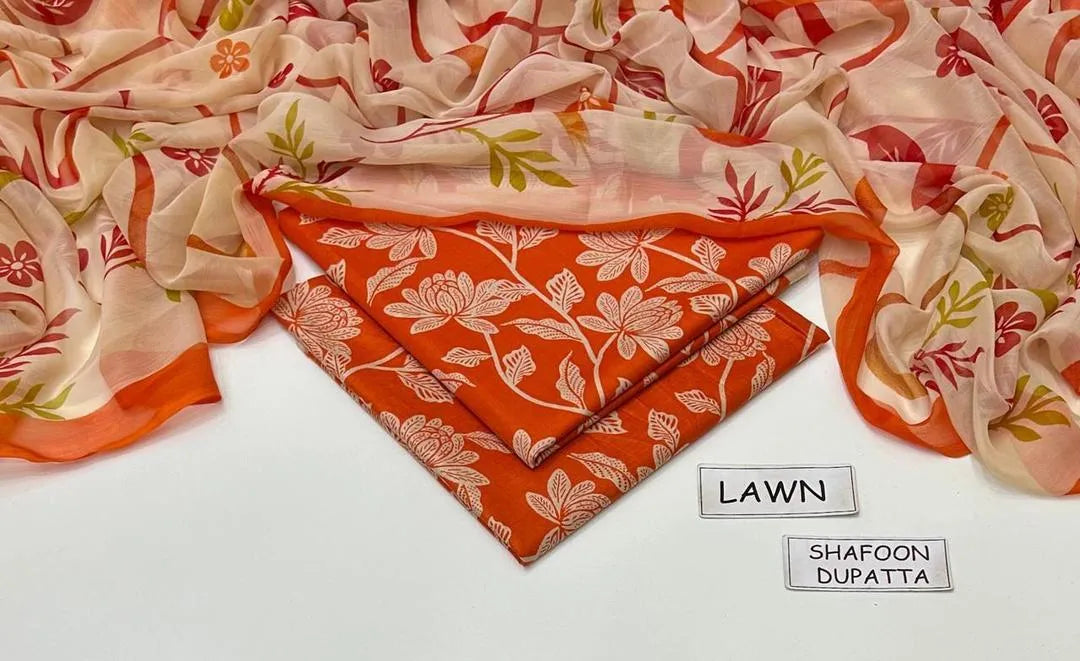 Orange Printed 3-Piece Lawn Suit for Eid Party Wear