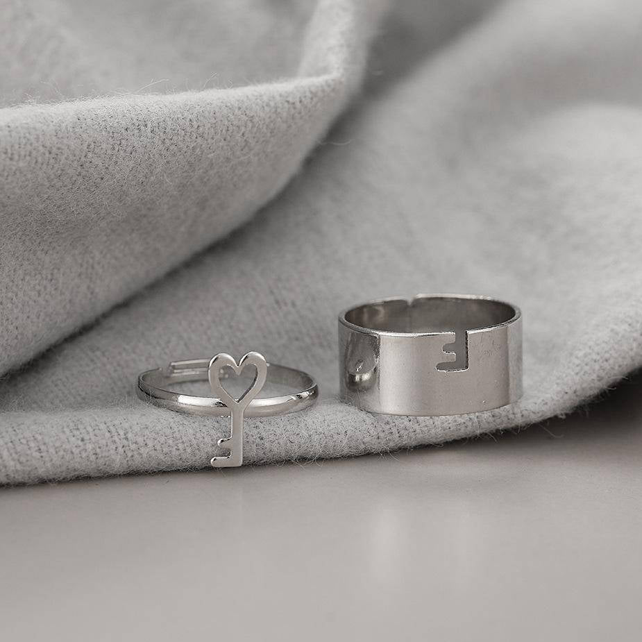 Adjustable Silver Key & Band Ring for Couples