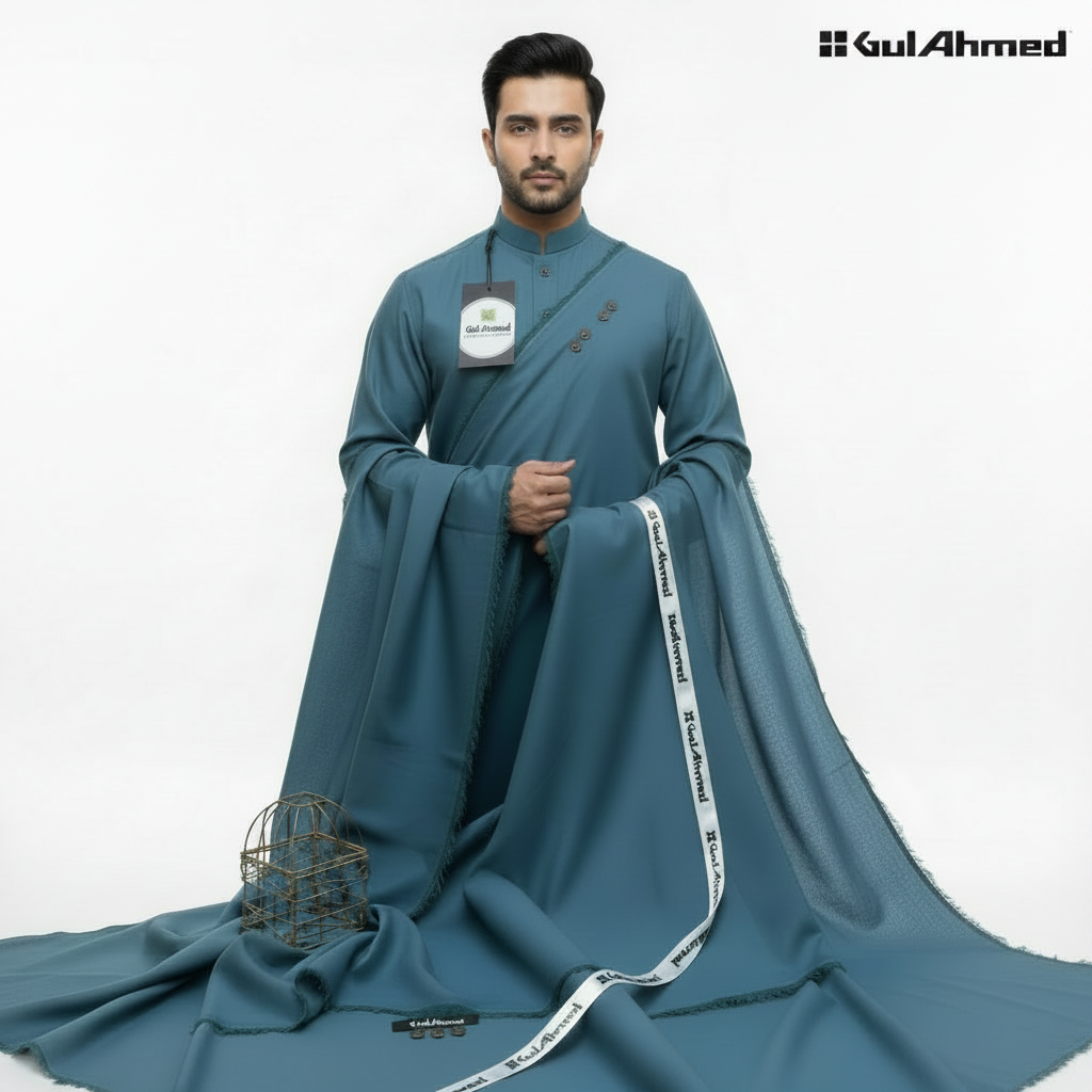 A Stylish Model Wears a Stitched Cadet Blue soft cotton fabric by Gul Ahmed,  White Clean Background , 