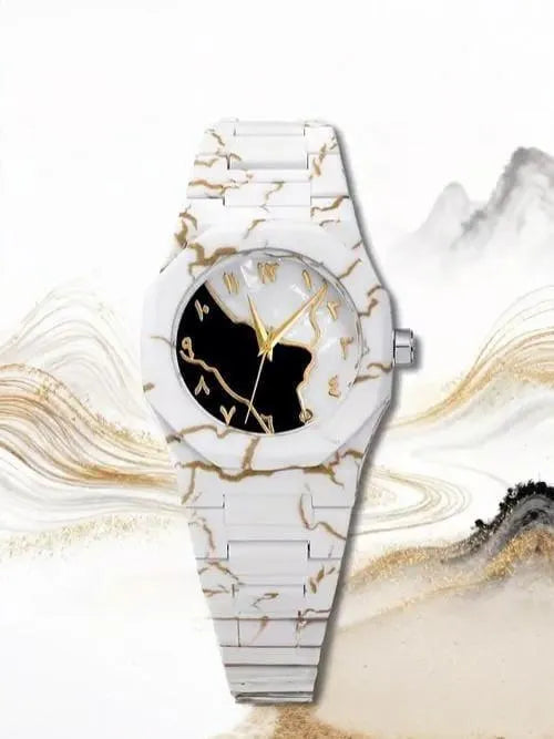 Men's Carbon Fiber Marble Watch White - Gold