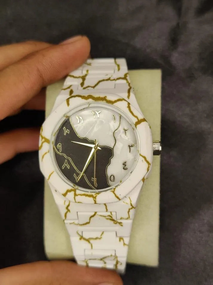 Men's Carbon Fiber Marble Watch White - Gold