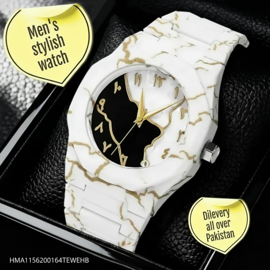 Men's Carbon Fiber Marble Watch White - Gold