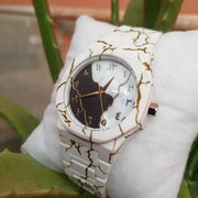 Men's Carbon Fiber Marble Watch White - Gold