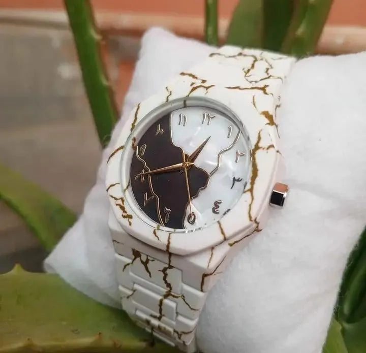 Men's Carbon Fiber Marble Watch White - Gold