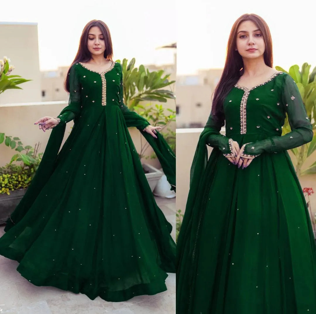 Green Embroidered Chiffon Maxi Set with Dupatta