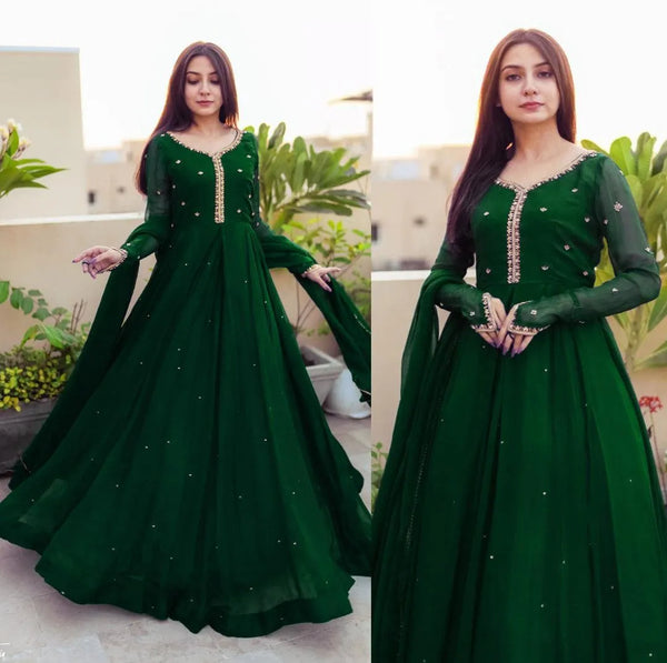Green Embroidered Chiffon Maxi Set with Dupatta