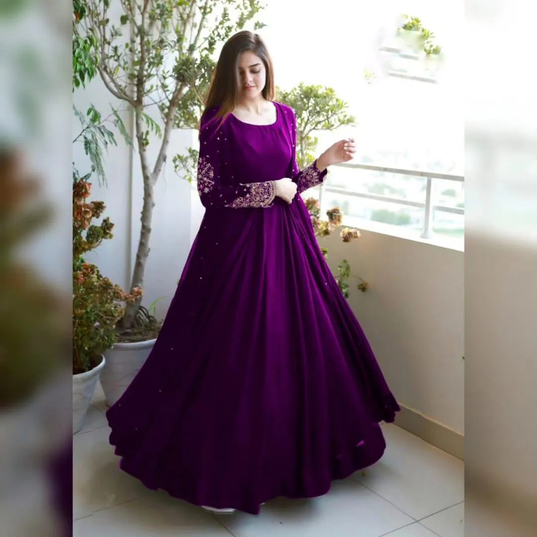 Purple Pearl Embroidered Gown Set for Women