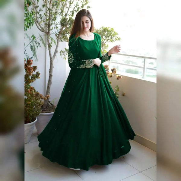 Green Pearl Embroidered Gown With Maxi Trouser Set