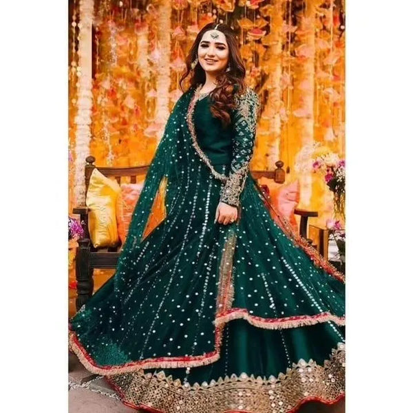 Green Shamoz Silk Maxi Set with Mirror Work & Dupatta