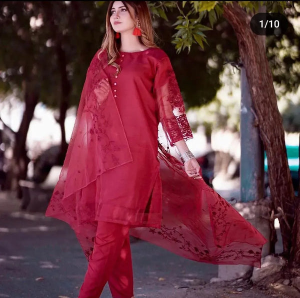 Red Embroidered 3-Piece Women Suit for Eid & Weddings