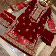 Maroon Embroidered 3Pcs Organza Suit for Eid Party Wear