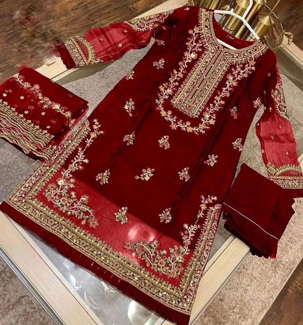 Maroon Embroidered 3-Piece Organza Suit for Eid Party Wear