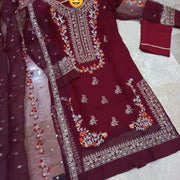 Maroon Embroidered 3Pcs Organza Suit for Eid Party Wear