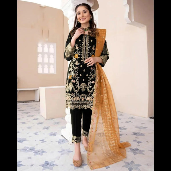 Black Organza Embroidered 3-Piece Stitched Suit for Eid & Weddings