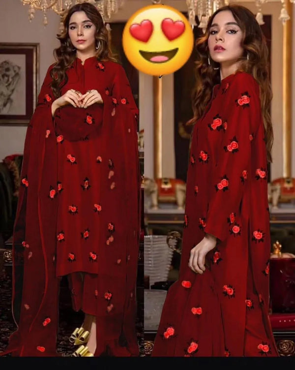 Maroon Rose Embroidered 3Pc Shamoz Silk Suit for Women