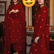 Maroon Rose Embroidered 3Pc Shamoz Silk Suit for Women