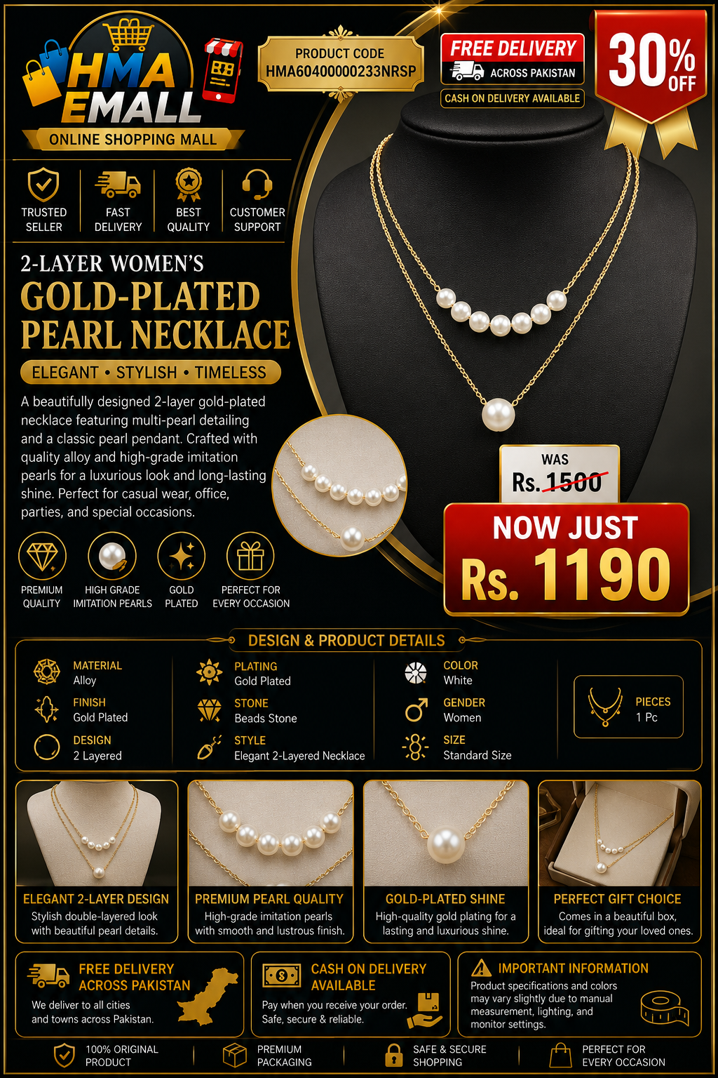 2-Layer Women's Gold-Plated Pearl Necklace