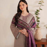 Purple Embroidered Kurta Set 3Pcs Lawn Beige