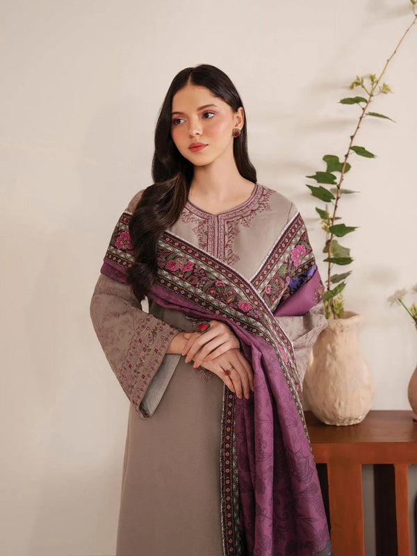 Purple Embroidered Kurta Set 3-Piece Lawn Beige