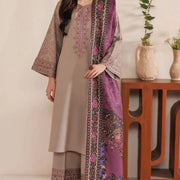 Purple Embroidered Kurta Set 3Pcs Lawn Beige