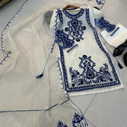 Women's Blue Embroidered 3-Piece Suit Organza Malai
