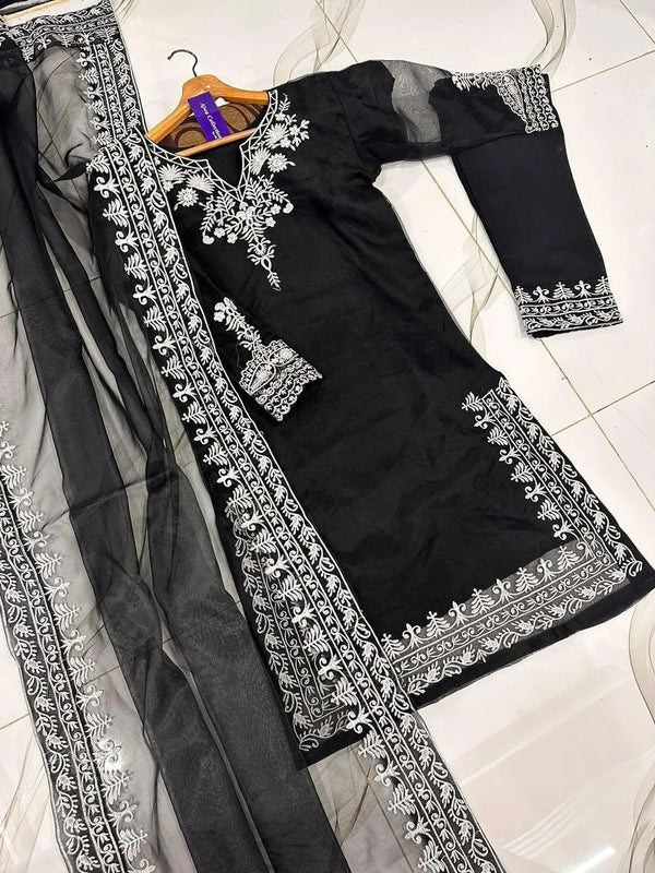 Black Embroidered 3-Piece Suit for Women