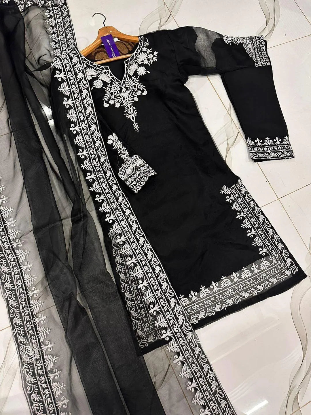 Black Embroidered 3-Piece Suit for Women