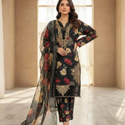 Black Floral 3-Piece Pakistani Suit with Chiffon Dupatta