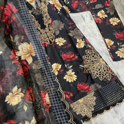 Black Floral 3-Piece Pakistani Suit with Chiffon Dupatta
