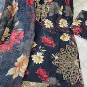 Black Floral 3-Piece Pakistani Suit with Chiffon Dupatta