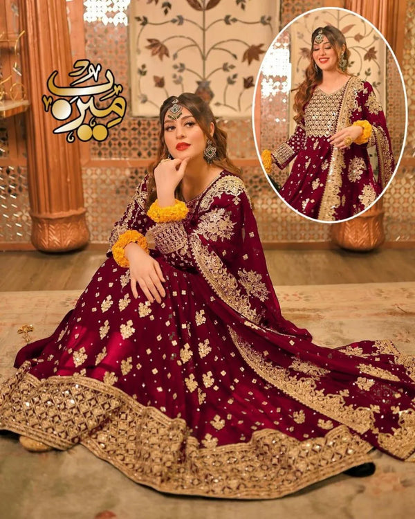 Maroon Embroidered 3-Piece Suit for Women