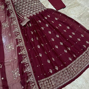 Maroon Embroidered 3-Piece Suit for Women