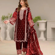 Maroon Embroidered 3-Piece Suit for Women