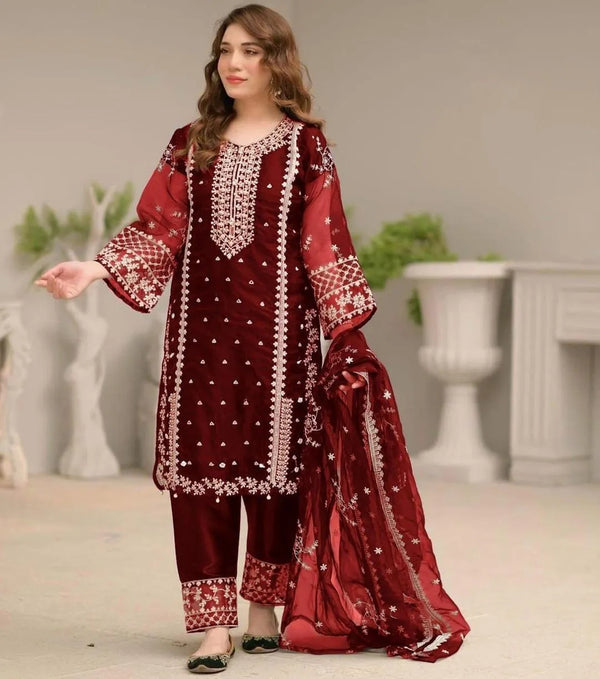 Maroon Embroidered 3-Piece Suit for Women