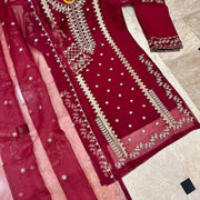 Maroon Embroidered 3-Piece Suit for Women