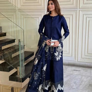 Blue Sequin Embroidered 3Pcs Women Suit Set